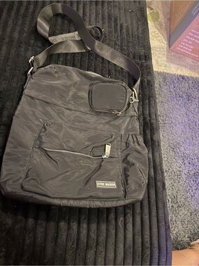 Steve Madden Black Nylon Messenger Crossbody Bag with Front Zipper Pocket